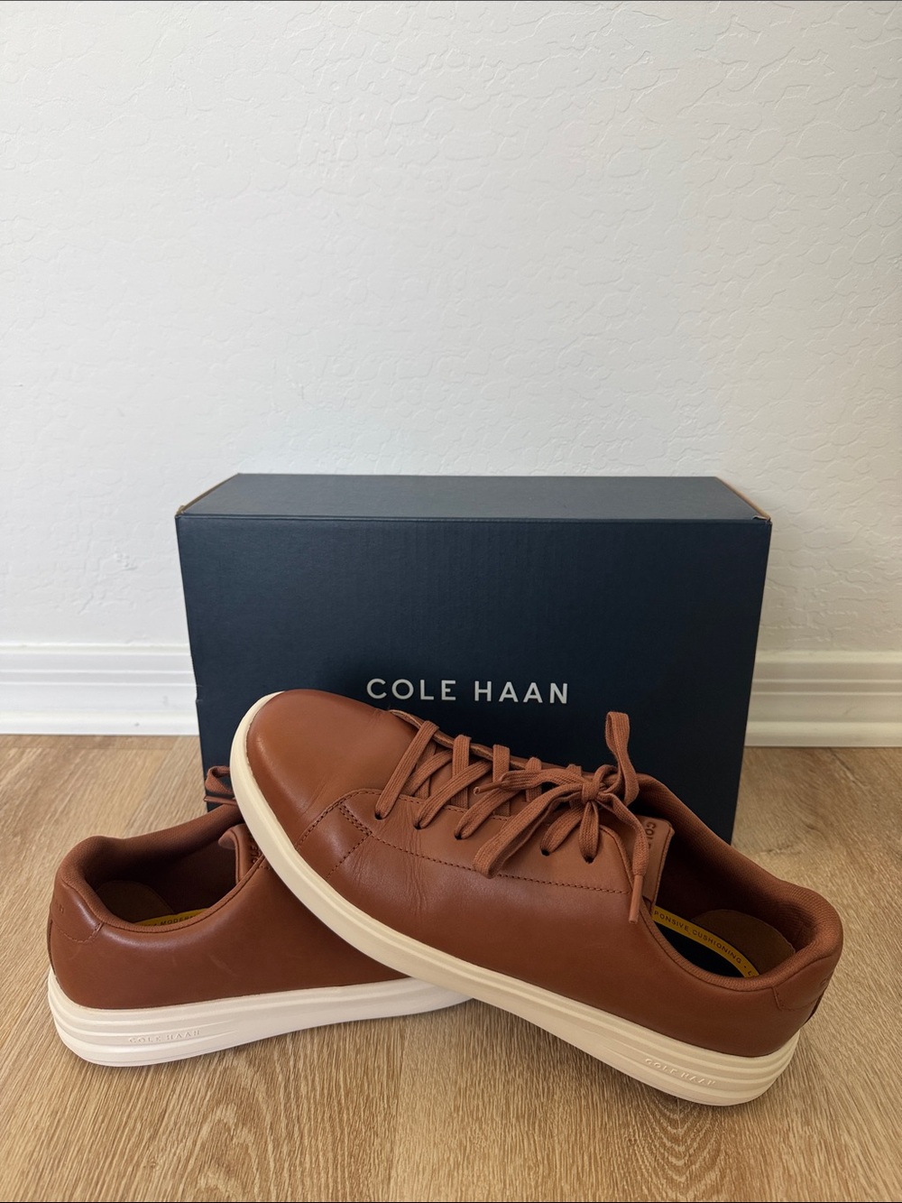 Cole Haan Men’s Brown Faux Leather Low-Top Sneakers with Cream Sole